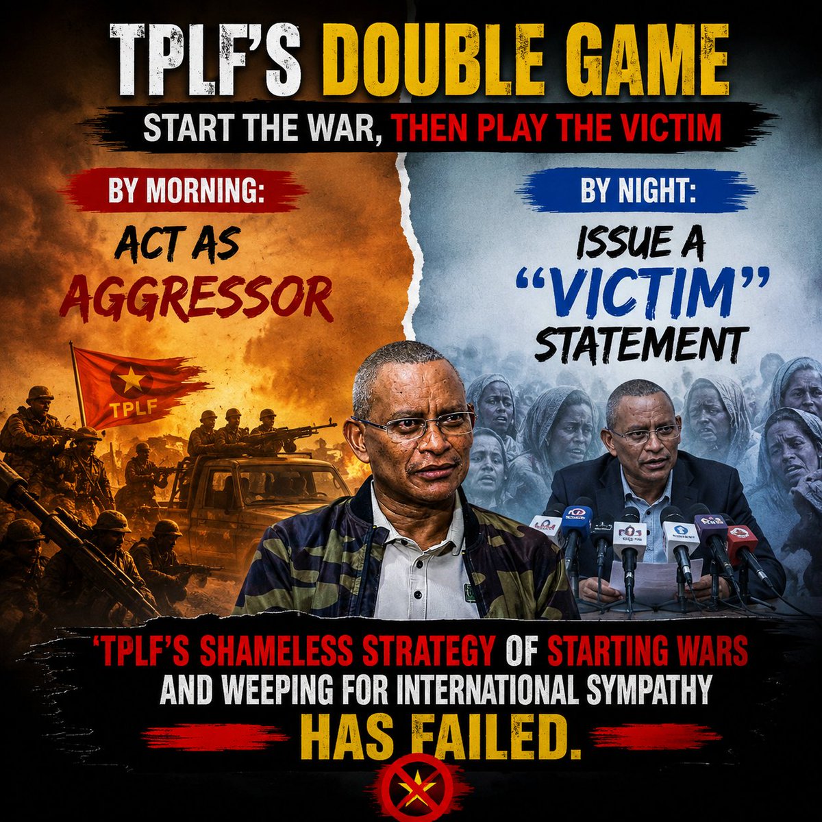 MeronKassa11's tweet photo. Act as the aggressor by morning, issue a "victim" statement by night. TPLF’s shameless strategy of starting wars and weeping for international sympathy has failed. #TPLFIsTheAggressor #TPLFLies #StopTPLF #Ethiopia #HornOfAfrica https://t.co/GoB8AjPu9R