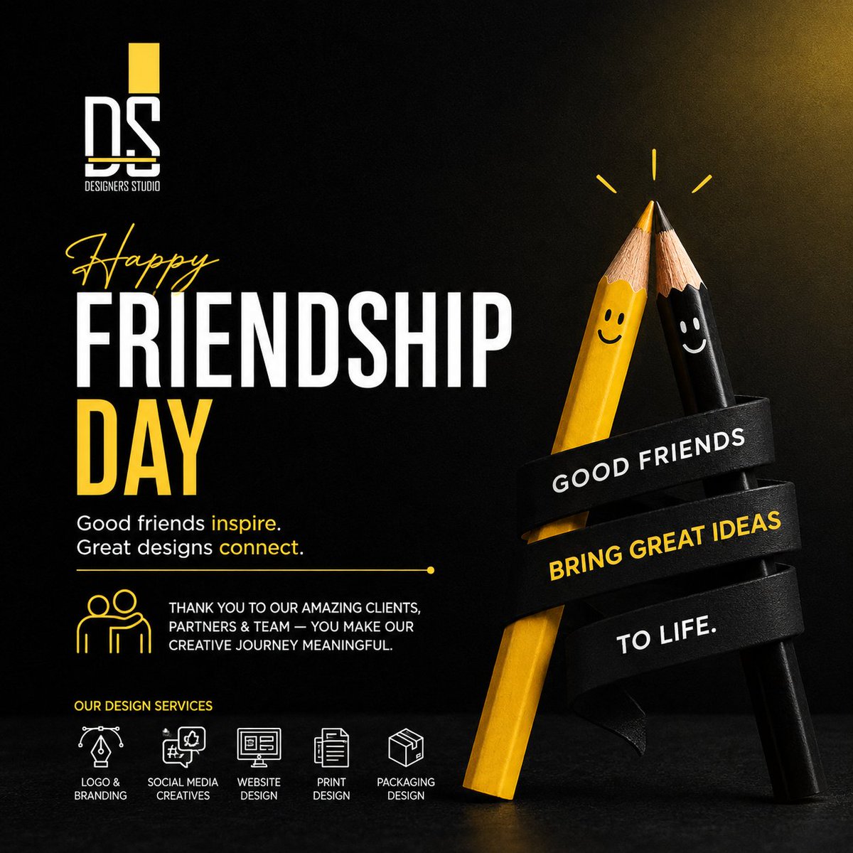 designersstudi4's tweet photo. Happy Friendship Day from Designers Studio! 💛

Great friendships inspire fresh ideas, build confidence, and make every creative journey more meaningful.
#HappyFriendshipDay #FriendshipDay2026 #DesignersStudio #GraphicDesignAgency #CreativeDesign #LogoDesign #BrandingDesign https://t.co/qozJwVI5eH
