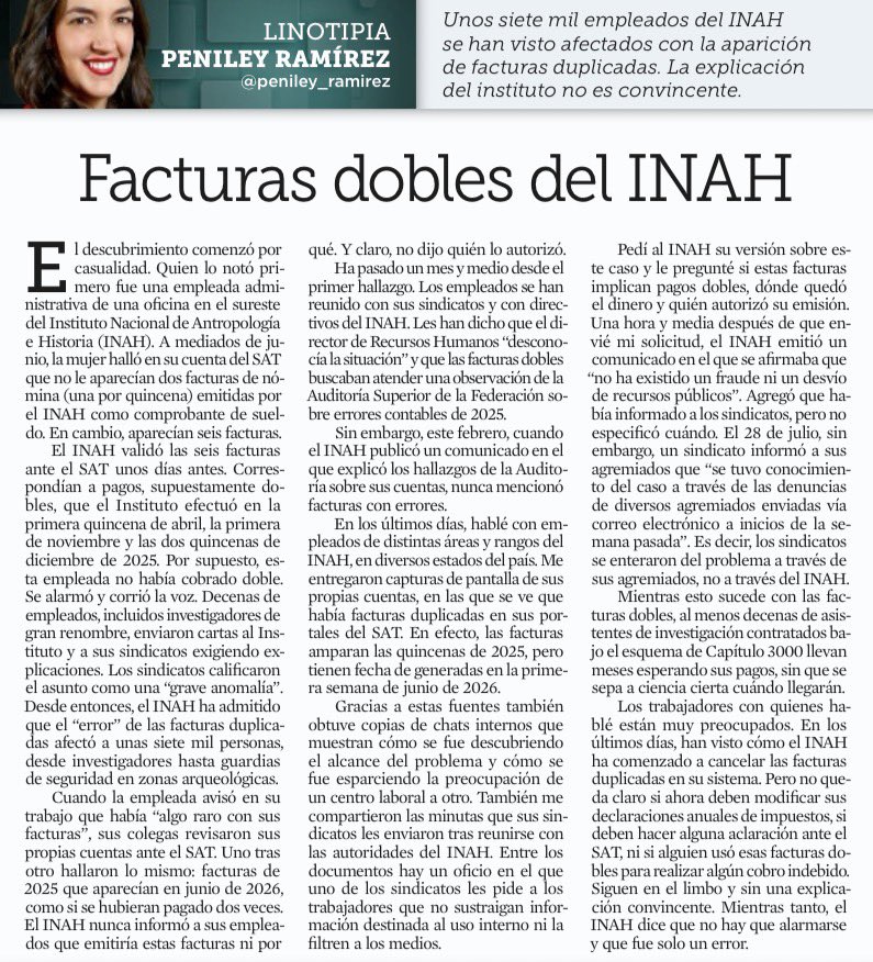 bereaguilarv's tweet photo. ¡Otra raya al tigre!

Chequen el lodazal de Morena: 

El INAH registró facturas dobles ante el SAT.

7 mil trabajadores resultaron afectados.
Nadie les avisó. 

La transa se descubrió por casualidad, gracias a una empleada.
@peniley_ramirez https://t.co/FurDfofHp5
