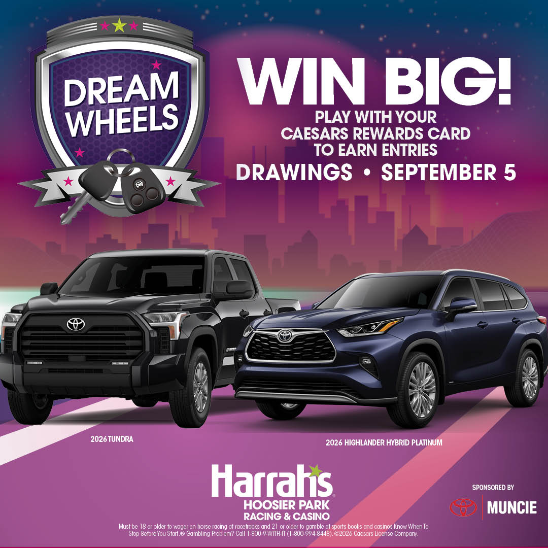 HoosierPark's tweet photo. Set your calendars for September 8th as your Dream Wheels can become your reality! Earn entries for our Dream Wheels drawings throughout the month of August in order to win one of two 2026 vehicles!

Please play responsibly. Gambling problem, call 1-800-9WITHIT (1-800-994-8448) https://t.co/D5F3sLujQe