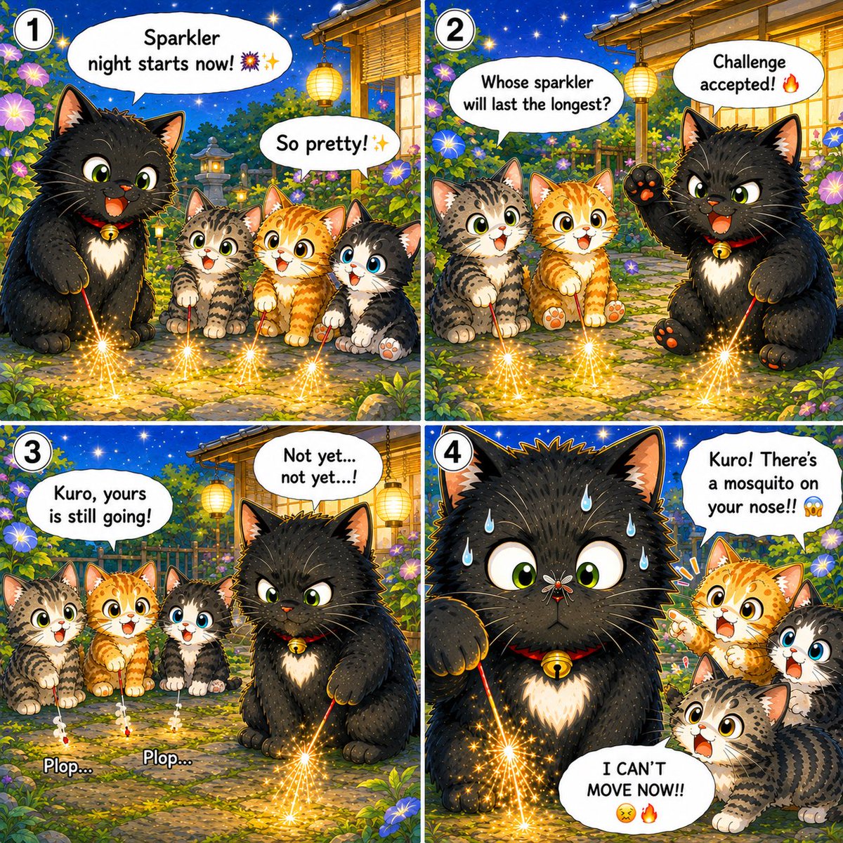 jun_blair_melon's tweet photo. Good Meowning~ ���‍⬛ 🐾 ✨ It's sparkler night! 🎇 Kuro refuses to lose this showdown... Even with a mosquito on her nose! 🤣🦟

#KuroTheCat #CatComic #FourPanelComic #Sparklers #SummerNight https://t.co/SDYbUN2U2u