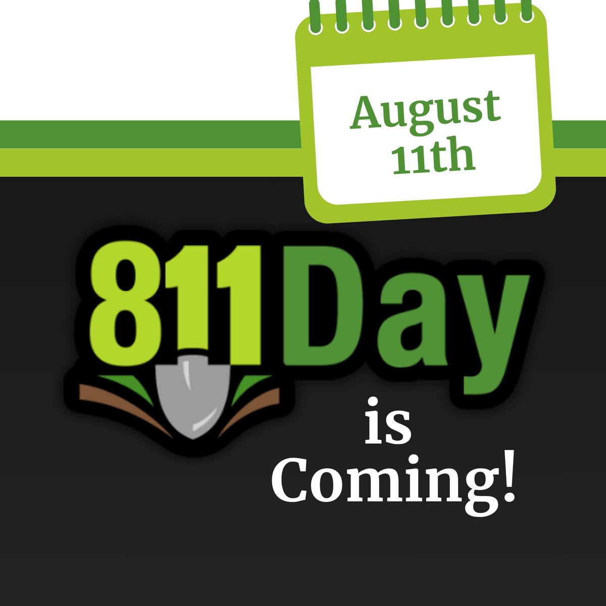 JULIE1call's tweet photo. Something BIG is coming...
811 Day is August 11! Communities across the country will recognize the importance of safe digging and the simple step everyone can take to protect underground utilities, families, and neighborhoods.  https://t.co/65di9FBWdn
#JULIEbeforeyoudig https://t.co/BsFTwACqS7