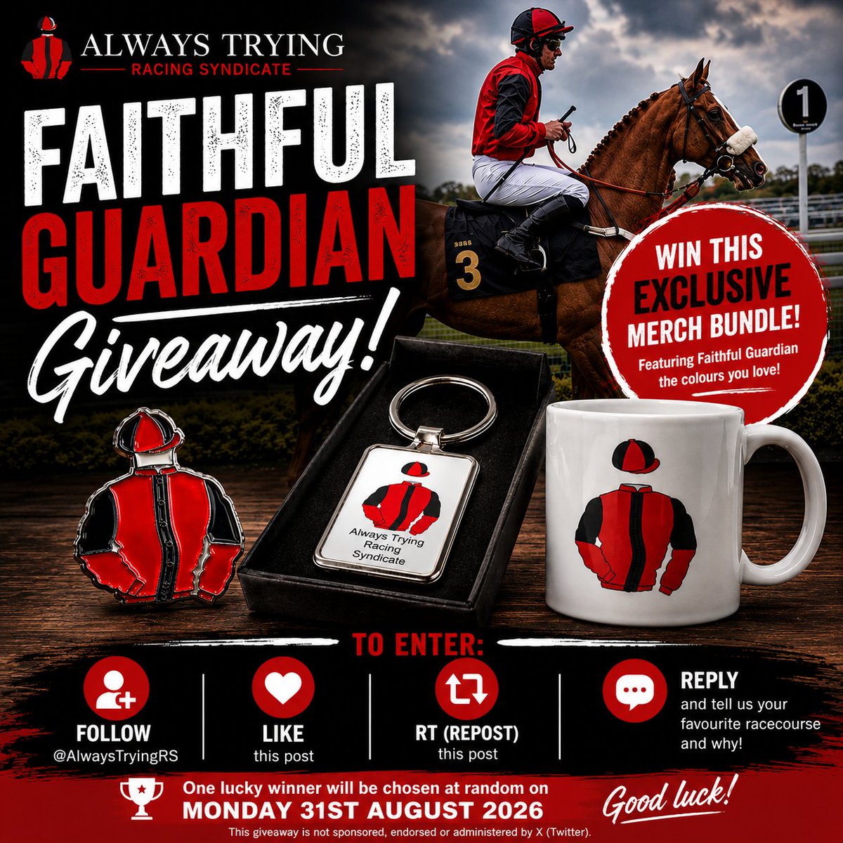 AlwaysTryingRS's tweet photo. 🏇 GIVEAWAY TIME! 🏇

🎁The prize is: 1 share in Faithful Guardian!
🎁 Plus a bonus of ATRS Mug, Pin Badge &amp; Key Ring for joining

To enter:
✅ Follow @AlwaysTryingRS
❤️ Like &amp; RT
💬 Reply and tell us your favourite racecourse
We'll choose one winner at random on 31st August https://t.co/7RuZ25ZmlR