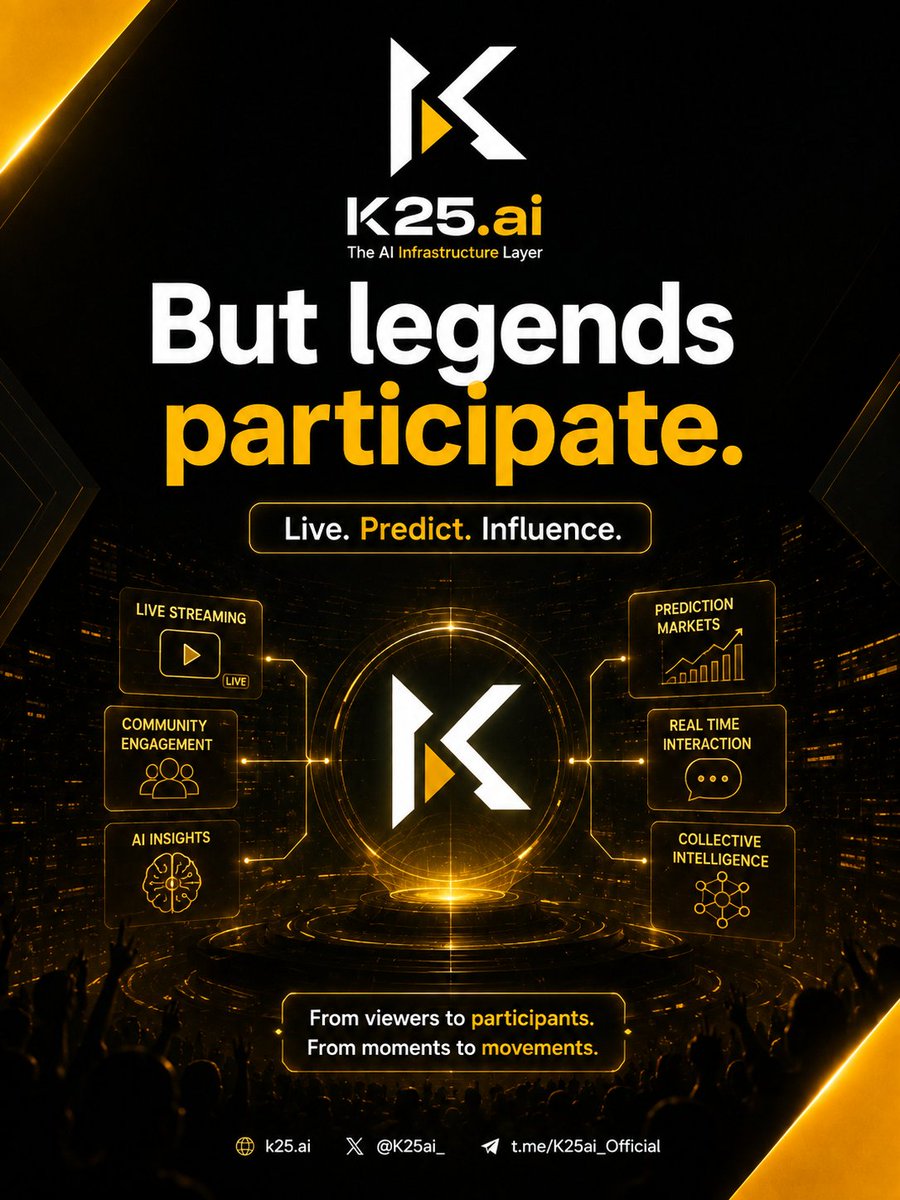 MuhdSaratu13830's tweet photo. Most online entertainment still follows the same formula.

✓Creators produce.
✓Audiences watch.
✓The stream ends.

But what if every live event became something people could actively influence instead of simply observe?

That's the direction @K25dotai is exploring by combining AI, livestreaming, creators, and prediction markets into a more interactive entertainment experience.

The goal isn't to replace creators, it's to deepen the connection between creators and their communities.

Imagine AI analyzing a live broadcast in real time, recognizing key moments, and turning them into opportunities for the audience to engage instantly.

Think about the possibilities:

👉 During an esports match, viewers predict the next game-changing play.

👉 During a creator live stream, the community helps decide upcoming challenges.

👉 During a major entertainment event, fans don't just comment, they participate in the experience itself.

This changes the traditional model:

Creator → Audience

into something much more dynamic:

Creator ↔ Community ↔ AI ↔ Prediction Market

Engagement is no longer measured only by likes or views.

It's measured by participation, insight, and shared decision-making.

Prediction markets introduce another powerful element by allowing communities to express collective expectations. Instead of individual opinions getting lost, they become part of a broader signal that reflects what the crowd believes will happen next.

For creators, this creates stronger, more engaged communities. For audiences, it transforms passive viewing into meaningful involvement.

As AI continues to reshape digital experiences, platforms like @K25_ai are exploring how entertainment can become more immersive, collaborative, and community-driven.

The future of live streaming may belong to those who don't just watch.

They help shape what happens next.

Join the conversation and be part of what's coming next. 👀
