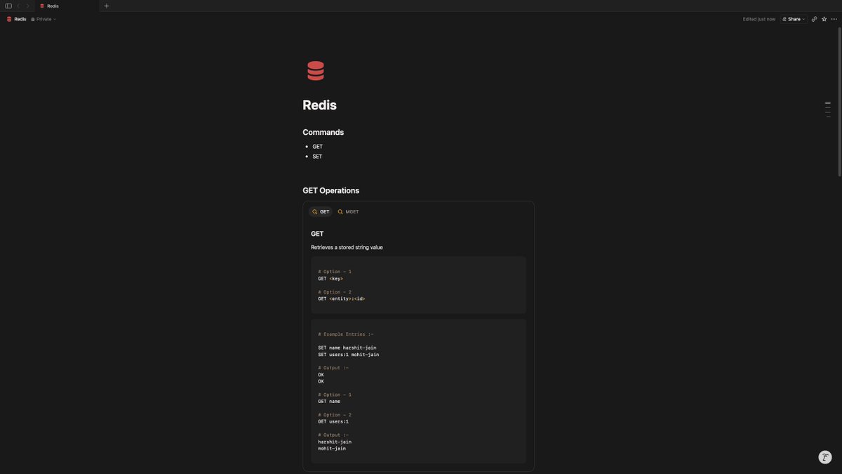 Harshit_Ostwal's tweet photo. Today’s Progress..

One major and important topic I learned today was Redis.

Before this, I used to write Redis code at a beginner level. But after exploring Redis Commands, Redis GUI, Redis Insight, and Redis Pub/Sub in depth, I now have a much better understanding of how Redis works.

Mainly, I learned these topics:
-> Geospatial Indexes
-> Bloom Filter
-> Sorted Sets
-> Sets
-> Hashes

I still have more topics to learn.
Pending Topics:
-> Vector Similarity Search
-> Time Series
-> Bit Fields
-> Streams
-> Pub/Sub

Thanks a lot, @piyushgarg_dev Sir, for the amazing teaching.

Also, thanks to @Redisinc for providing such well written and easy to understand documentation. It made learning much smoother.