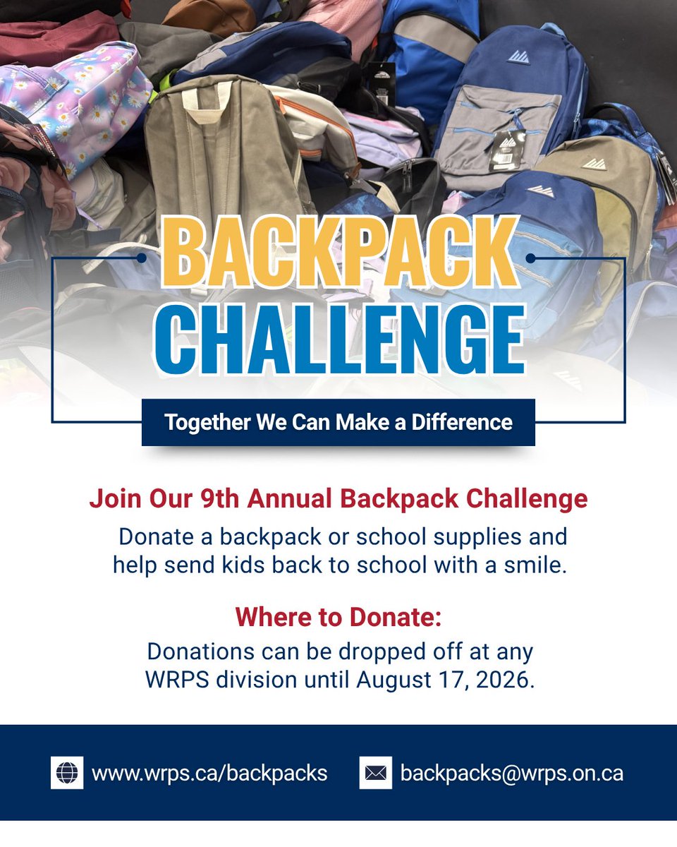 WRPSToday's tweet photo. A small purchase can make a big difference.
If you're out shopping this long weekend, please consider picking up a new backpack or school supplies for our #BackpackChallenge.
Donations can be dropped off at any WRPS division until August 17. Together, we can help ensure local students are ready for a successful school year.
More๐: https://t.co/GztrDcxf81