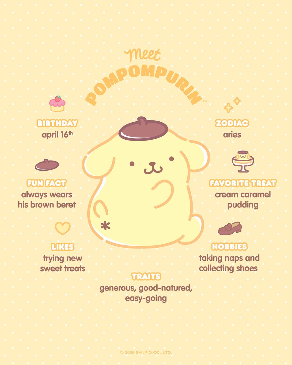 sanrio's tweet photo. Say hello to August's Friend of the Month: Pompompurin 🍮💛 https://t.co/p1ofdcDlXt