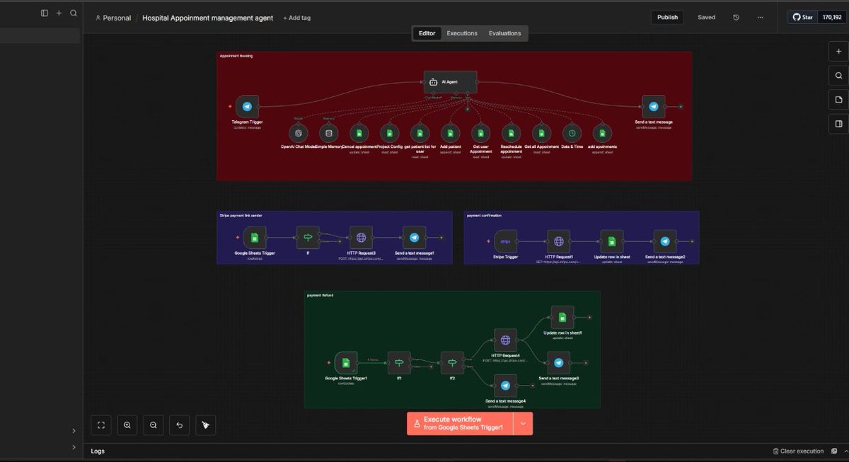 Shojib2791's tweet photo. Recently, I built an AI-powered Hospital Appointment Management System using n8n.

It was an interesting project that shows how AI and automation can simplify everyday healthcare operations.

#n8n #AIAutomation #Healthcare #HealthTech #WorkflowAutomation #BusinessAutomation https://t.co/L0A4ONXzrX