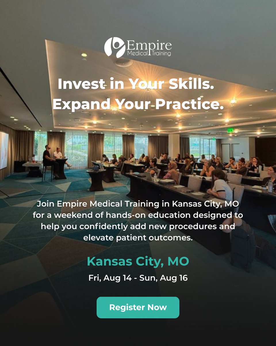 EmpireMedical's tweet photo. Join Empire Medical Training in Kansas City, MO for an immersive weekend of hands-on aesthetic and regenerative medicine training designed to help you expand your skills, increase your confidence, and deliver exceptional patient outcomes.
>> https://t.co/ka7GdovzWD https://t.co/8e3Ryf75Bw