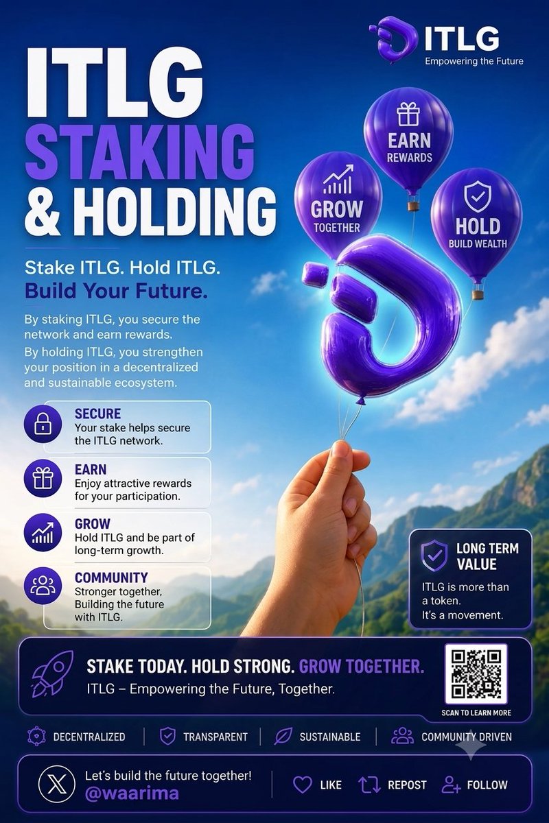Waarima's tweet photo. STAKE: Secure the ITLG network and earn attractive rewards.
HOLD: Build long-term wealth within a decentralized and sustainable movement.
GROW: Participate in the ecosystem's future and global adoption.
Build your future with ITLG—stake, hold.
#INTERLINK #ITLG #ITL https://t.co/SafxYeul2S