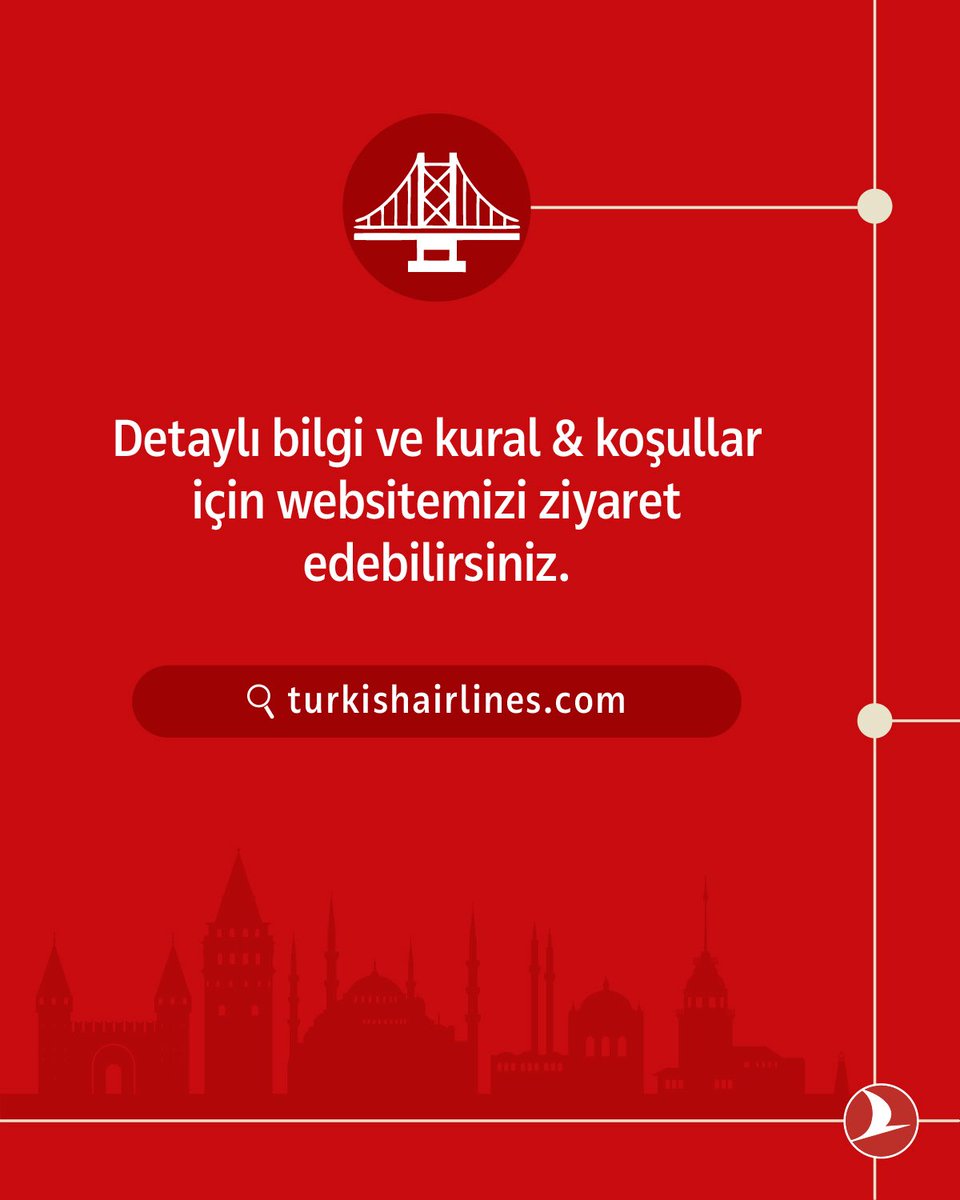 TK_TR's tweet photo. Aktarma sürenizi unutulmaz bir yolculuğa dönüştürün!

Stopover hizmetiyle dünyanın en güzel şehirlerinden birini keşfetme ayrıcalığı sizi bekliyor. İstanbul’da minimum 20 saat ve maksimum 7 gün bekleme süreniz varsa, ücretsiz otel konaklaması ile şehrin tüm güzelliklerini keşfedebilirsiniz.