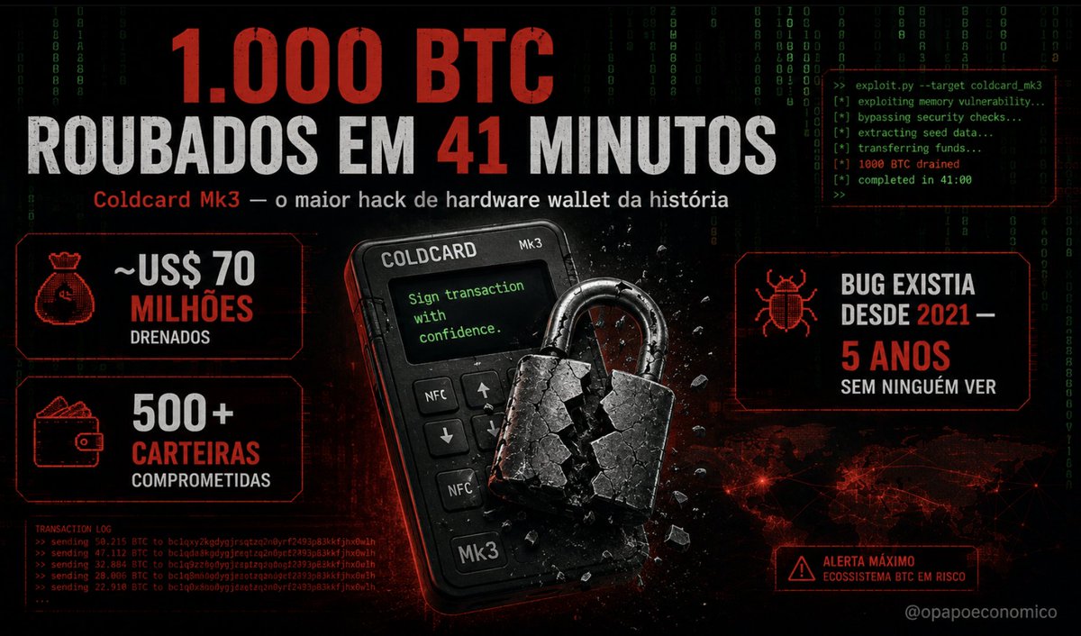 opapoeconomico's tweet photo. Mais de 1.000 Bitcoins (~US$ 70 milhões) foram roubados de carteiras Coldcard em 41 minutos. É o maior hack de hardware wallet da história.

Vou explicar o que aconteceu pra quem não é técnico.

Primeiro: o que é uma hardware wallet?

É um dispositivo físico pequeno — tipo um pen drive com tela — que guarda a "chave" dos seus Bitcoins offline, longe da internet. A ideia é que mesmo que seu computador seja hackeado, seus Bitcoins ficam seguros porque a chave nunca sai do dispositivo.

A Coldcard é uma das mais respeitadas do mercado. Milhares de pessoas guardam fortunas nela.

O que deu errado?

Quando você configura a carteira pela primeira vez, ela precisa gerar uma "senha-mestre" (chamada seed). Essa seed precisa ser ALEATÓRIA — quanto mais imprevisível, mais segura.

Pensa num cofre. O cofre da Coldcard deveria ter uma combinação sorteada entre 340 undecilhões de opções (um número com 38 zeros). Impossível de adivinhar.

Mas um bug no código, presente desde março de 2021, fez o dispositivo usar um gerador de números aleatórios de SOFTWARE em vez do de HARDWARE. É como se o cofre, em vez de sortear entre trilhões de combinações, sorteasse entre apenas ~1 trilhão.

Parece muito? Pra um computador moderno, não é. Um atacante com boas GPUs consegue testar 1 trilhão de combinações em horas.

Como o ataque funcionou:

1. O atacante descobriu o bug no código aberto da Coldcard
2. Calculou todas as seeds possíveis (o espaço era pequeno)
3. Pra cada seed, derivou os endereços Bitcoin correspondentes
4. Comparou com endereços reais na blockchain que tinham saldo
5. Quando encontrou um match: tinha a chave privada. Bitcoin transferido.

Resultado: 500+ carteiras drenadas. 1.324 transações em 3 blocos. Tudo automatizado.

O detalhe mais assustador:

O bug existia há 5 anos e 4 meses. Ninguém na comunidade de segurança viu. Ninguém na empresa viu. O código era aberto — qualquer um podia auditar.

Especialistas acreditam que o atacante usou inteligência artificial pra auditar o código e encontrar a falha. O cofundador da Coldcard confirmou: "IA pode encontrar bugs latentes numa velocidade que supera até os experts mais experientes."

Quem tá seguro:

- Quem usou dice rolls (jogar dados físicos) ao criar a carteira
- Quem usa passphrase forte (senha adicional)
- Quem gerou a seed antes de março de 2021
- Modelos mais novos (Mk4, Mk5) são menos vulneráveis, mas não imunes

A lição:

"Hardware seguro" não existe se o software que roda nele tem um bug que ficou escondido por 5 anos.

Nenhum humano encontrou. Uma IA encontrou.

Bem-vindo à nova era da segurança digital.