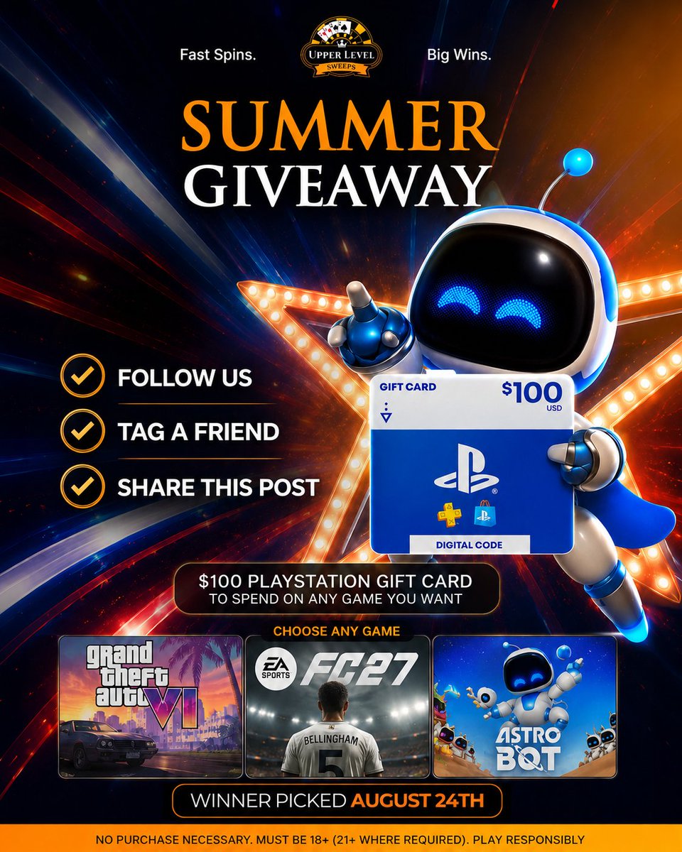 UpperLvlSweeps's tweet photo. AUGUST GIVEAWAY IS LIVE 🎮🔥

We’re giving away a $100 PlayStation Gift Card to spend on any game you want.

GTA 6? FC27? Astro Bot? Your choice 👀

To enter:

✅ Follow us
✅ Tag a friend
✅ Share this post

Winner picked August 24th.

Each tag = extra entry.

Good luck ✨ https://t.co/ObxZCcfHKk