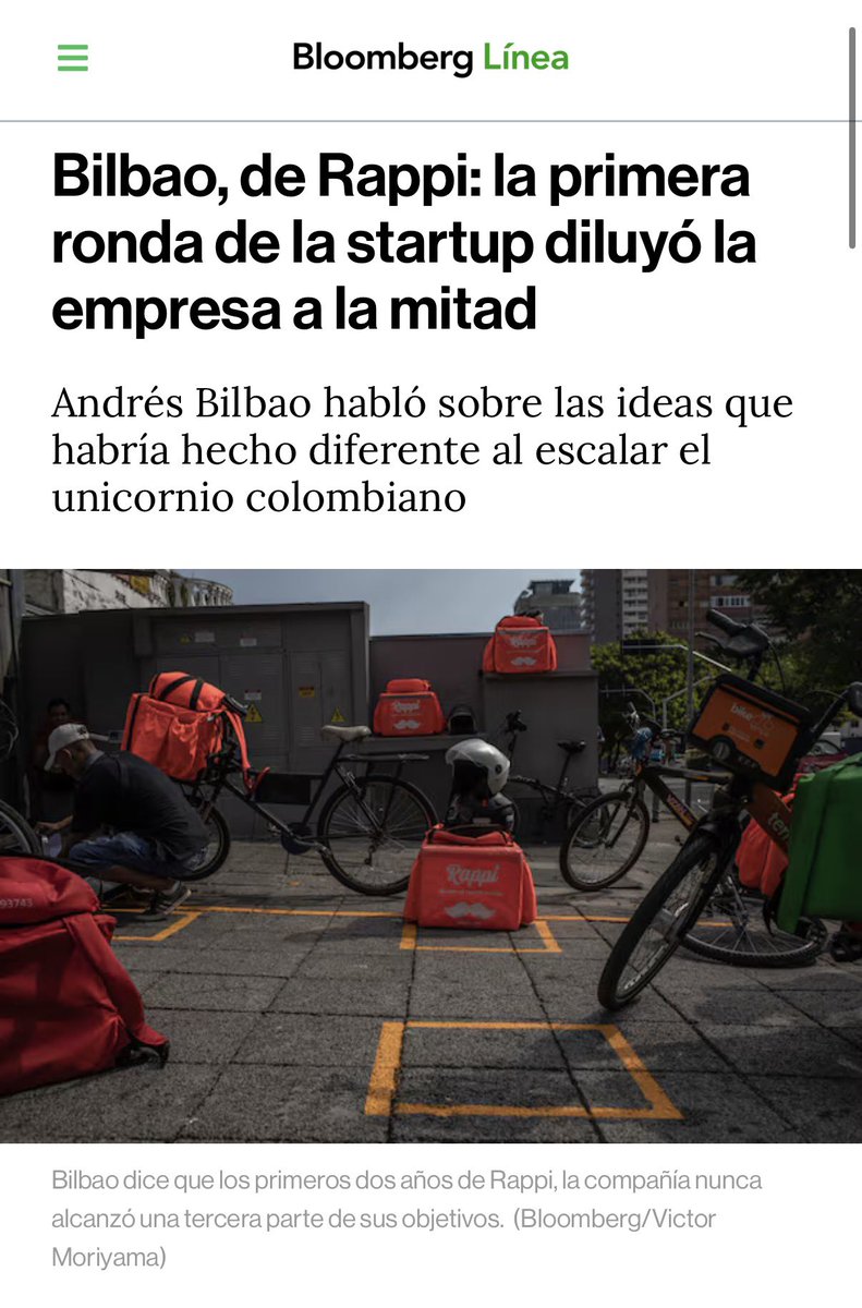 VillanueAle's tweet photo. En 2022, Andrés Bilbao concedió una entrevista a Bloomberg en la que se presentó como co fundador de Rappi. La propia empresa pidió que se aclarara en la nota que Bilbao nunca fue cofundador, sino que apenas hizo parte del equipo fundador. Toda su marca personal es carreta https://t.co/JgRWv3vLXk