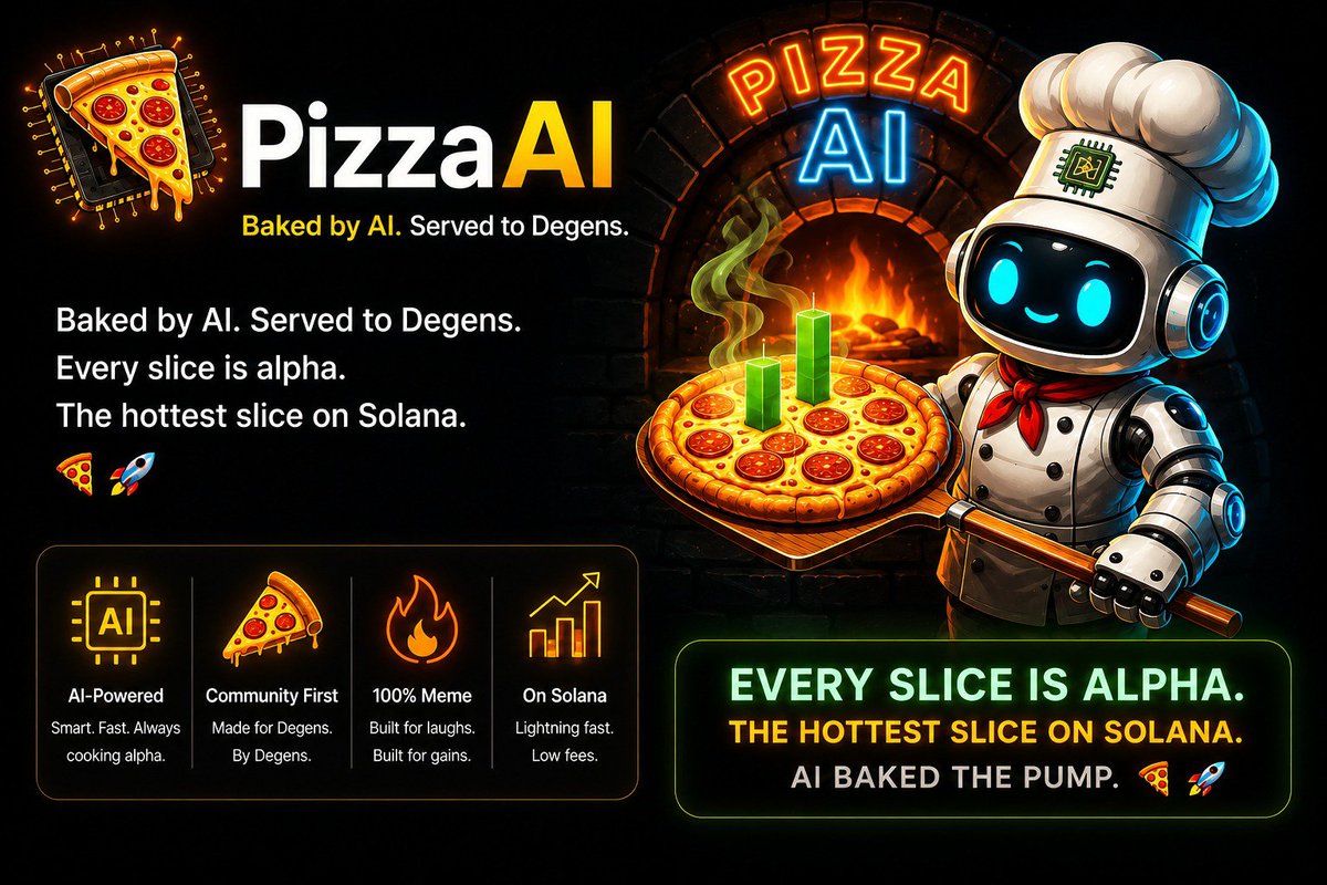 OfficialPizzaAI's tweet photo. @CryptoThro 🍕🤖 The oven is warming up.
PizzaAI is almost ready.
Baked by AI. Served to Degens.

#Solana #SolanaMemecoins  #Memecoin #AI https://t.co/4KBRWsLVT8