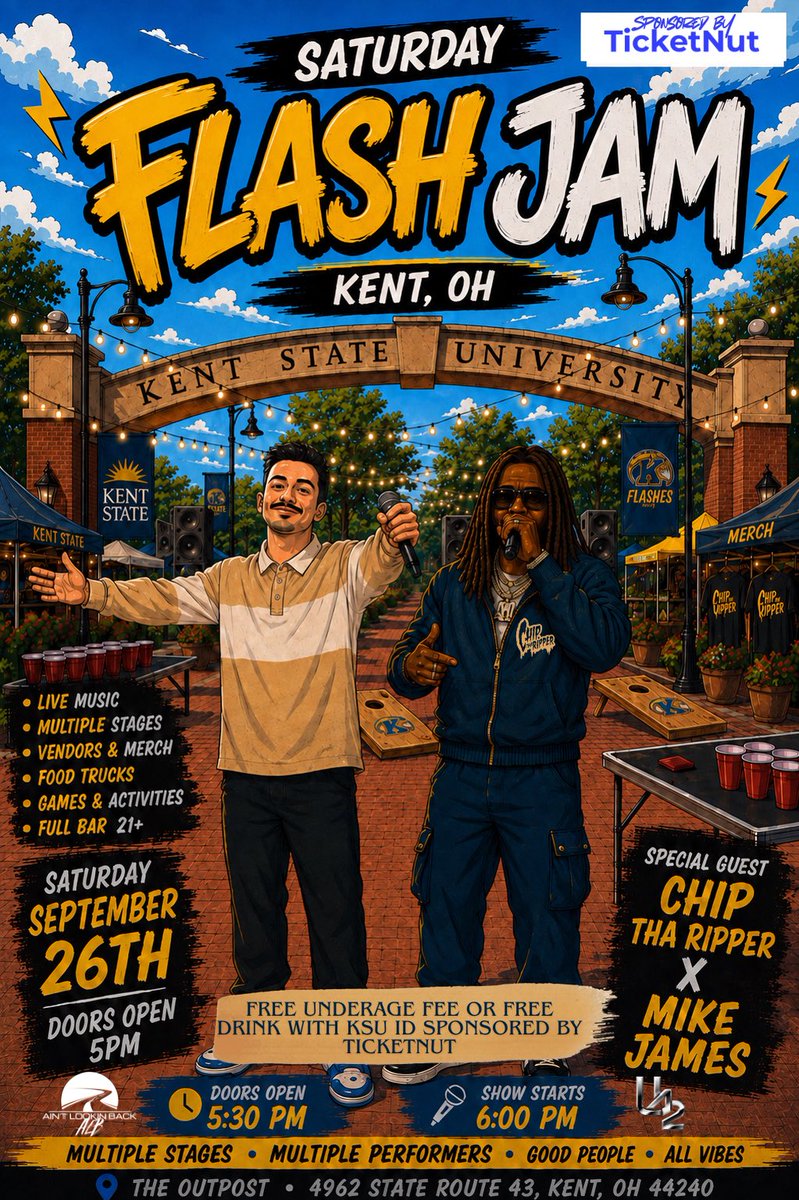 TicketNut's tweet photo. Saturday September 26th Flash Jam is going down at The Outpost on 2 stages indoor and outdoors featuring ….Chip Tha Ripper &amp; Mike James! #Kent #Livemusic Tickets available now at https://t.co/sW82obnfOT #KSU #Party #September https://t.co/pFiCDqehYR
