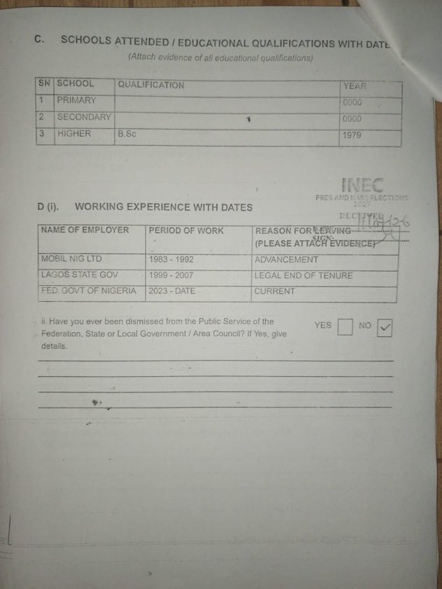 OurFavOnlineDoc's tweet photo. The Academic Credentials of Tinubu the APC presidential candidate for 2027 elections was published by INEC today.

Please look at this document.
He started and ended his academic career in BSc. NO primary school. NO secondary school.