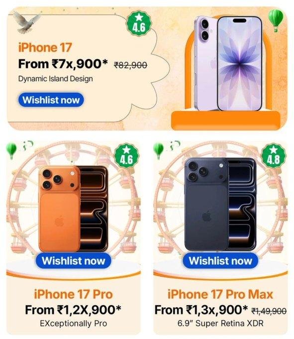 ADTechUpdates02's tweet photo. Flipkart FREEDOM Sale: Deal Prices For iPhones &amp; Pixels revealed 

Apple:
iPhone 17 : ₹7x,900*
iPhone 17 Pro : ₹1,2x,900*
iPhone 17 Pro Max : ₹1,3x,900*
iPhone Air: ₹9x,900*
iPhone 16 Plus: ₹77,900
iPhone 16: ₹6x,900*
iPhone 15 : ₹5x,900* https://t.co/rBotnHiOsU