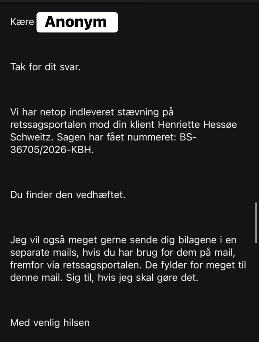 LRetvig's tweet photo. Mail fra den 31.07.2026 til min advokat fra Vibekes advokat.

Min advokat har sagt nej til at få materialet tilsendt. I stedet hentes det fra Retssagsportalen, når det bliver tilgængeligt.

Jeg glæder mig næsten som et lille barn til at se alle bilagene. 🙏 https://t.co/fBurZKU0Lh