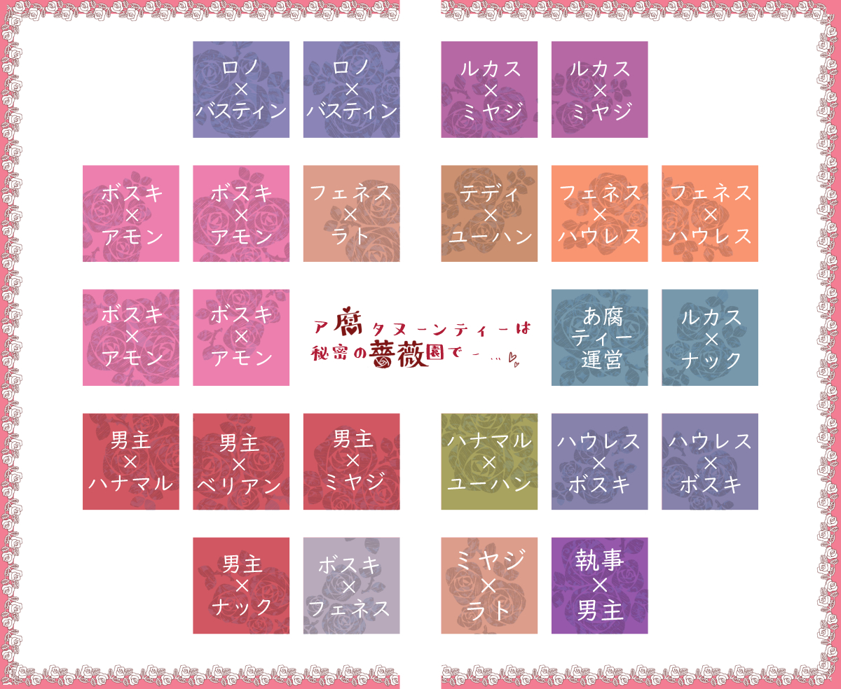 afu_0128's tweet photo. ☕aknk腐向けオンリー🌹webイベント
#あ腐ティー5

　🌹☕サークル参加募集中☕🌹

こちらは第1～4回目までのサークル参加配置図です。
色んなCPが混在しているので普段見ないCPに触れることも出来きて楽しい場になります🌹
是非推しCPを見せて頂ければ嬉しいです。

サークル参加お待ちしております https://t.co/4il2Ib9KcG
