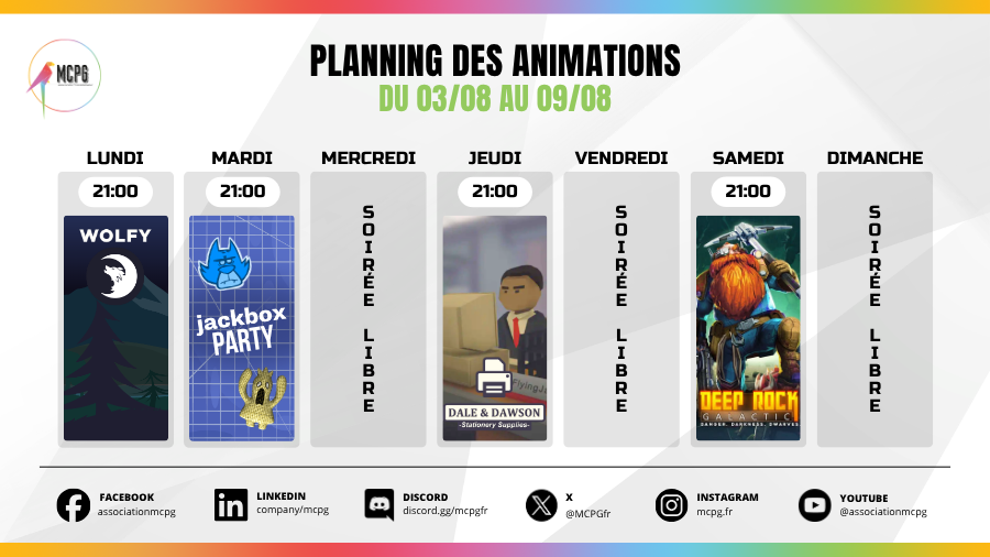 MCPGfr's tweet photo. Cette semaine 4 𝐬𝐨𝐢𝐫𝐞́𝐞𝐬 𝐣𝐞𝐮𝐱 :

Le 03/10 à 21h  : Wolfy !
Le 04/10 à 21h : Jackbox Party !
Le 06/10 à 21h  :Dale &amp; Dawson !
Le 08/10 à 21h : Deep Rock Galactic !

📷 Pour nous rejoindre : lien en bio.
#AssociationMCPG #animation #jeuxvidéo https://t.co/rSGEfH7GbT
