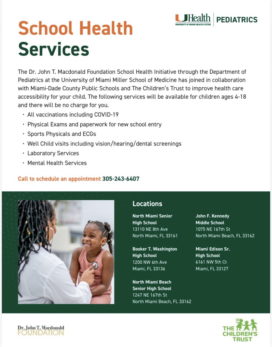 SuptDotres's tweet photo. Healthy kids make happy learners! As we recognize National Immunization Month, it’s a great time to check in with your pediatrician and make sure your child is up-to-date on routine vaccines before the new school year. Let's keep our classrooms safe, healthy, and ready to thrive! For more info on services, see the attached flyer. #YourBestChoiceMDCPS