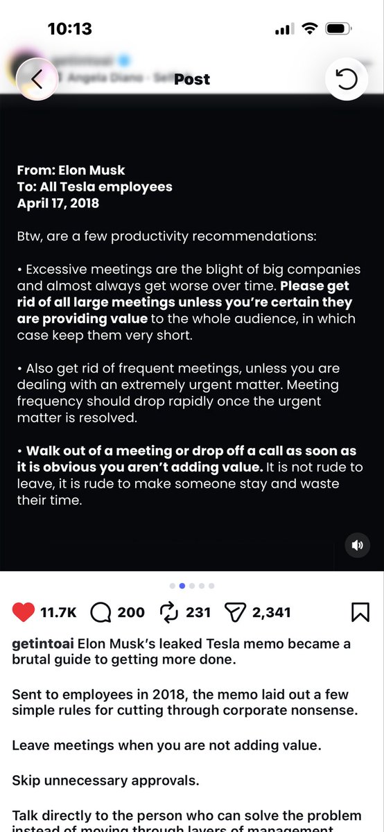 nate_wink's tweet photo. 98% of meetings are just laziness at this point. People would rather talk about the work that needs to get done vs actually getting things done. Wise words from @elonmusk … https://t.co/kZh6eRVxXq