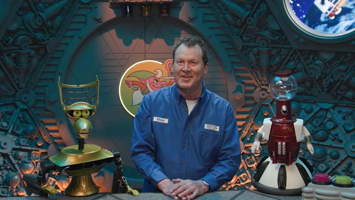 nerdist's tweet photo. Seeing Mike don the jumpsuit with Crow and Tom on either side really makes us happy. Watch the trailer for MST3K: The RiffTrax Experiments https://t.co/Qsf3iPYFTg https://t.co/KXW06m7MNm