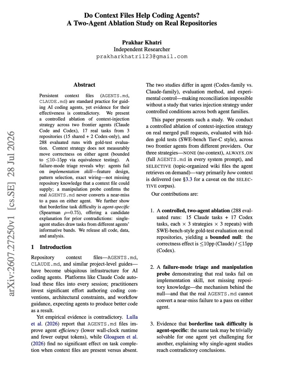 dair_ai's tweet photo. If you maintain an AGENTS.md or a CLAUDE.md, this is worth a read.

(bookmark it)

288 gold-test evaluated runs across Claude Code and Codex, 17 real tasks from 3 repositories, with context-injection strategy as the only variable.

Correctness does not move on either agent. Equivalence testing bounds any effect to at most 10 to 15 percentage points.

A failure-mode triage explains why. Agents fail on implementation skill, feature design, pattern selection and exact wiring, rather than on repository knowledge a markdown file could supply. A manipulation probe confirms it, since the real AGENTS.md never converted a near-miss into a pass on either agent.

Borderline task difficulty is agent-specific with Spearman rho of 0.75, so single-agent studies draw tasks from different informative bands and reach opposite conclusions. That explains a lot of the contradictory prior evidence.

Paper: https://t.co/iEC36in8ms

Track more trending AI papers in our academy: https://t.co/LRnpZN7L4c