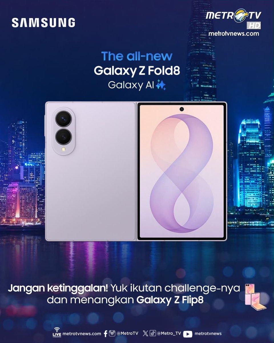 Metro_TV's tweet photo. Ini dia Samsung Galaxy Z Fold8, salah satu seri Foldables generasi terbaru dengan form factor yang compact dan paling ringan dengan bobot hanya 201gr! Suka scrolling media sosial? Nyaman di cover screen. Binge-watch series favorit, baca e-book atau manga? tinggal buka aja, main screen-nya langsung bikin experience entertainment kamu lebih imersif✨

Yuk ikutan challenge ini dan menangkan 1 unit Galaxy Z Flip8 terbaru!🎉

Caranya gampang, cukup ikuti mekanisme berikut:
1. Search di Google: “Berapa ukuran layar depan Galaxy Z Fold8?”
2. Screenshot tampilan jawaban yang muncul.
3. RT, Like, dan Reply sebanyak-banyaknya hasil screenshot jawaban kamu dengan template:

"Ukuran layar depan #GalaxyZFold8 adalah ___. Layar depannya nyaman banget buat scrolling! ❤️ #GalaxyZFold8 #FoldTheDoubt  #GalaxyZFold8diMetrotv”

Satu pemenang beruntung akan mendapatkan 1 unit Galaxy Z Flip8 terbaru! ✨

Cek postingan X dan Instagram berikut untuk join challenge ini:
https://t.co/7wQOKAcj2v

Periode challenge hingga 5 Agustus 2026.
Hadiah pemenang akan dikirim pada 15 Agustus 2026.