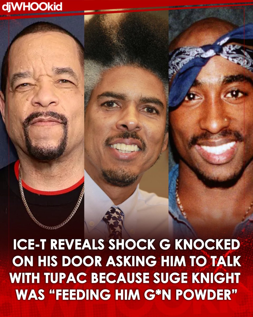 DJWhooKid's tweet photo. “HE KNOCKED AT MY DOOR MIDDLE OF THE NIGHT!” 👀💔🐐

When Ice T sat down with N.O.R.E and DJ EFN on their “Drink Champs” podcast he revealed a sad story about how much the late great Shock G was worried about the influence Suge Knight was having on Tupac: 

“He knocked on my door, middle of the night and asked me to talk with Pac, I vividly remember he said to me ‘they’re feeding him g*n powder, please talk to him’”.