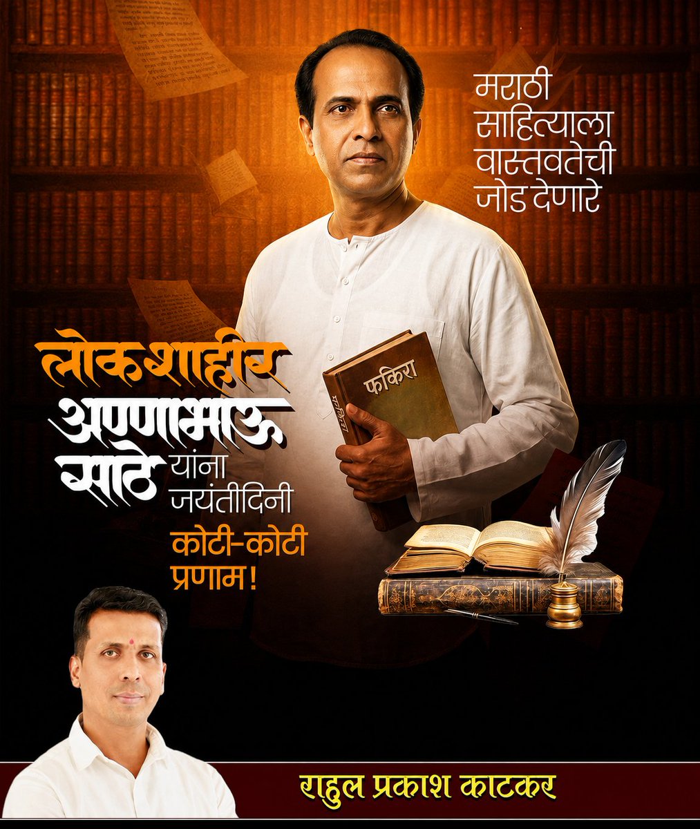 rahulkatkar09's tweet photo. मराठी साहित्याला जागतिक ओळख मिळवून देणारे, शोषित-पीडितांच्या वेदनांना शब्द देणारे लोकशाहीर अण्णाभाऊ साठे यांना जयंतीनिमित्त विनम्र अभिवादन..!
#लोकशाहीरअण्णाभाऊसाठे #अण्णाभाऊसाठेजयंती #मराठीसाहित्य https://t.co/7EWbavn7BS