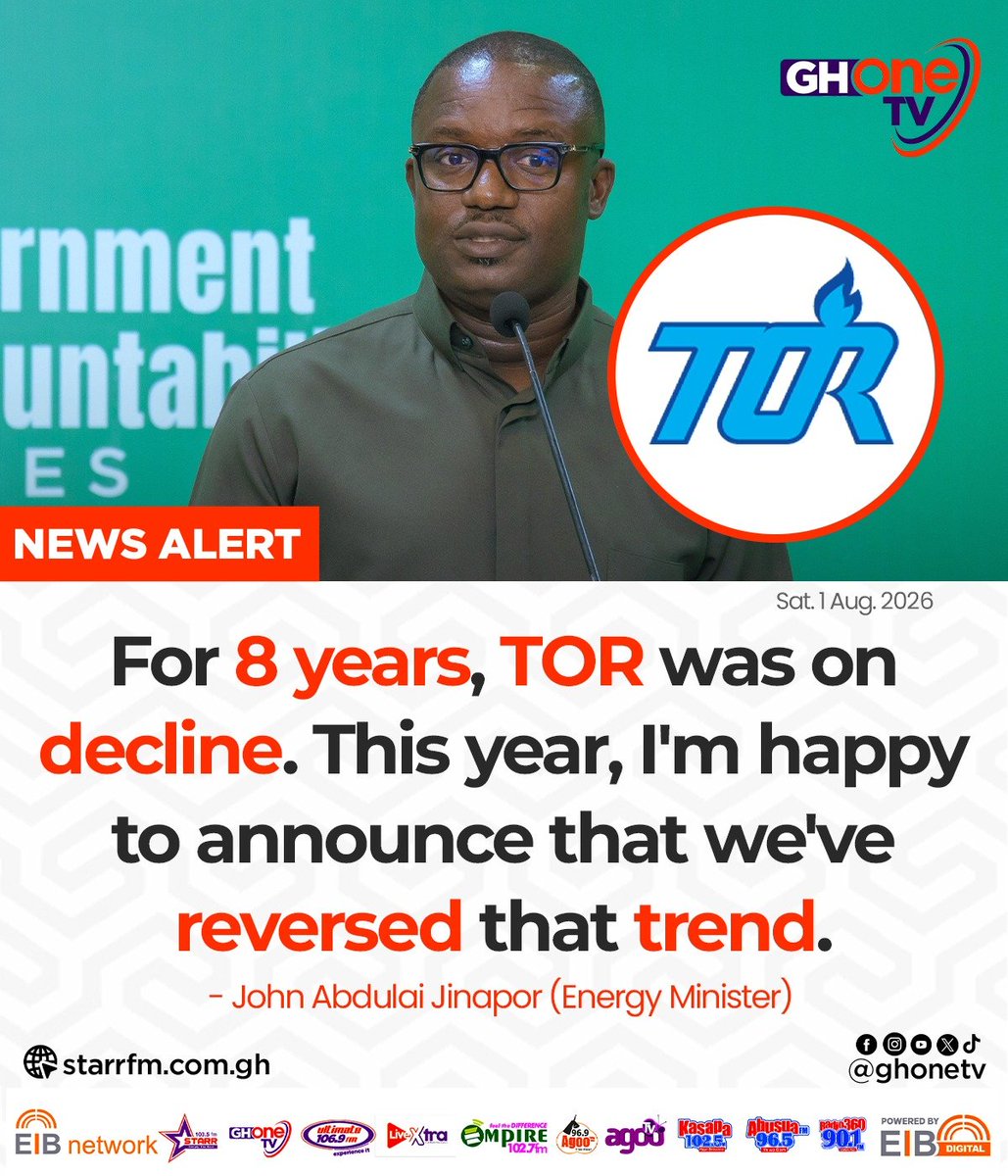 ghonetv's tweet photo. For 8 years, TOR was on decline. This year, I'm happy to announce that we've reversed that trend... - John Abdulai Jinapor (Energy Minister)

#GHOneNews #EIBNetwork
#GHOneTV #NewsAlert https://t.co/jggXYvyX4h