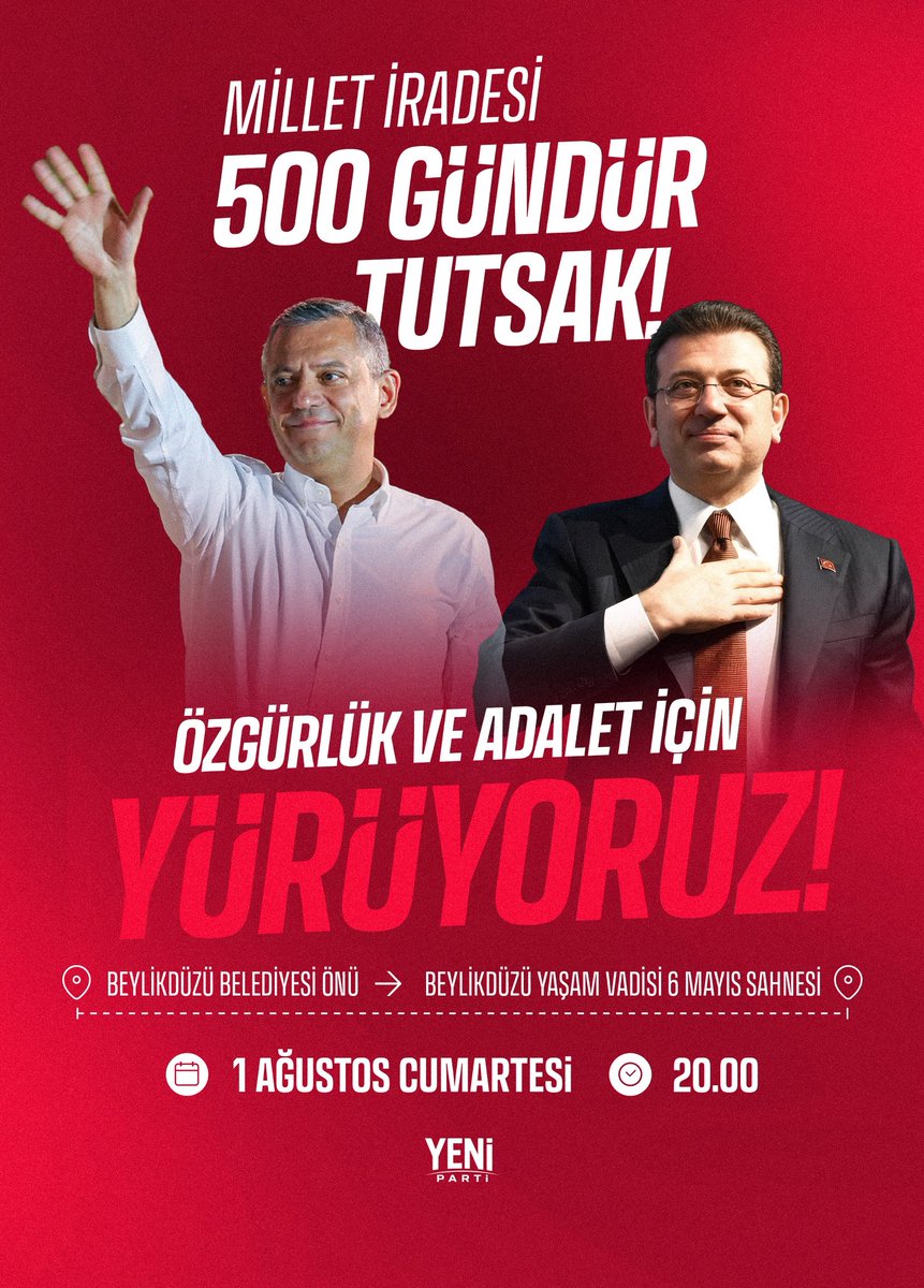 GokceGokcen_'s tweet photo. Bu akşam Genel Başkanımız Özgür Özel öncülüğünde yürüyoruz! 

Tüm yol arkadaşlarımıza adalet ve özgürlük istiyoruz!

🗓️1 Ağustos Cumartesi 
⏰20.00
📍Beylikdüzü Belediyesi Önü https://t.co/CkBwDQZ9Ei