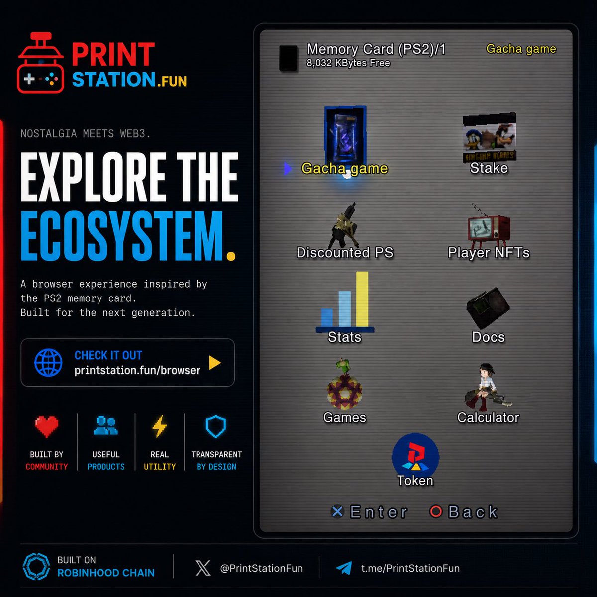 uuuR_sisman's tweet photo. Not just another crypto website.

A browser inspired by the PS2 memory card experience.

Explore the ecosystem.

🌐 https://t.co/QeuzllTU4U

@printstationfun 

#BuildOnRobinhoodChain #RobinhoodChain https://t.co/CH2lqanVbR