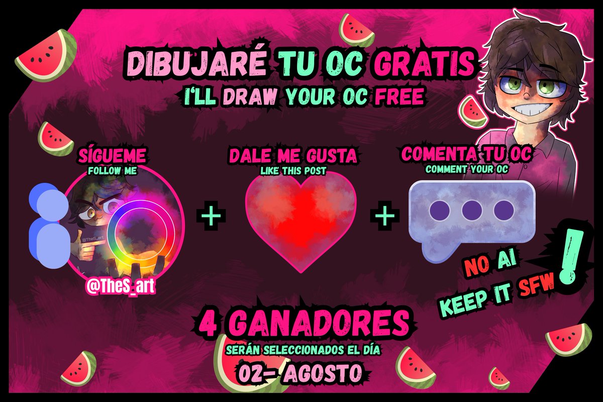 TheS_Art's tweet photo. ¡Dibujaré tu OC Gratis! ¿Quieres participar? Sígueme, dale 🩷 y comenta la imagen de tu personaje.
Los cuatro ganadores se elegirán el día de mañana 02/Agosto. ¡Buena suerte! 🍉

I'll draw your OC for free! Want to participate? Follow me, like this post 🩷, and comment with a picture of your character.
The four winners will be chosen tomorrow, August 2th. Good luck! 🍉

🍉-----
#arte #art #moots #artmoots #digitalart #artedigital #oc #artshare #artistontwitter #smallartist