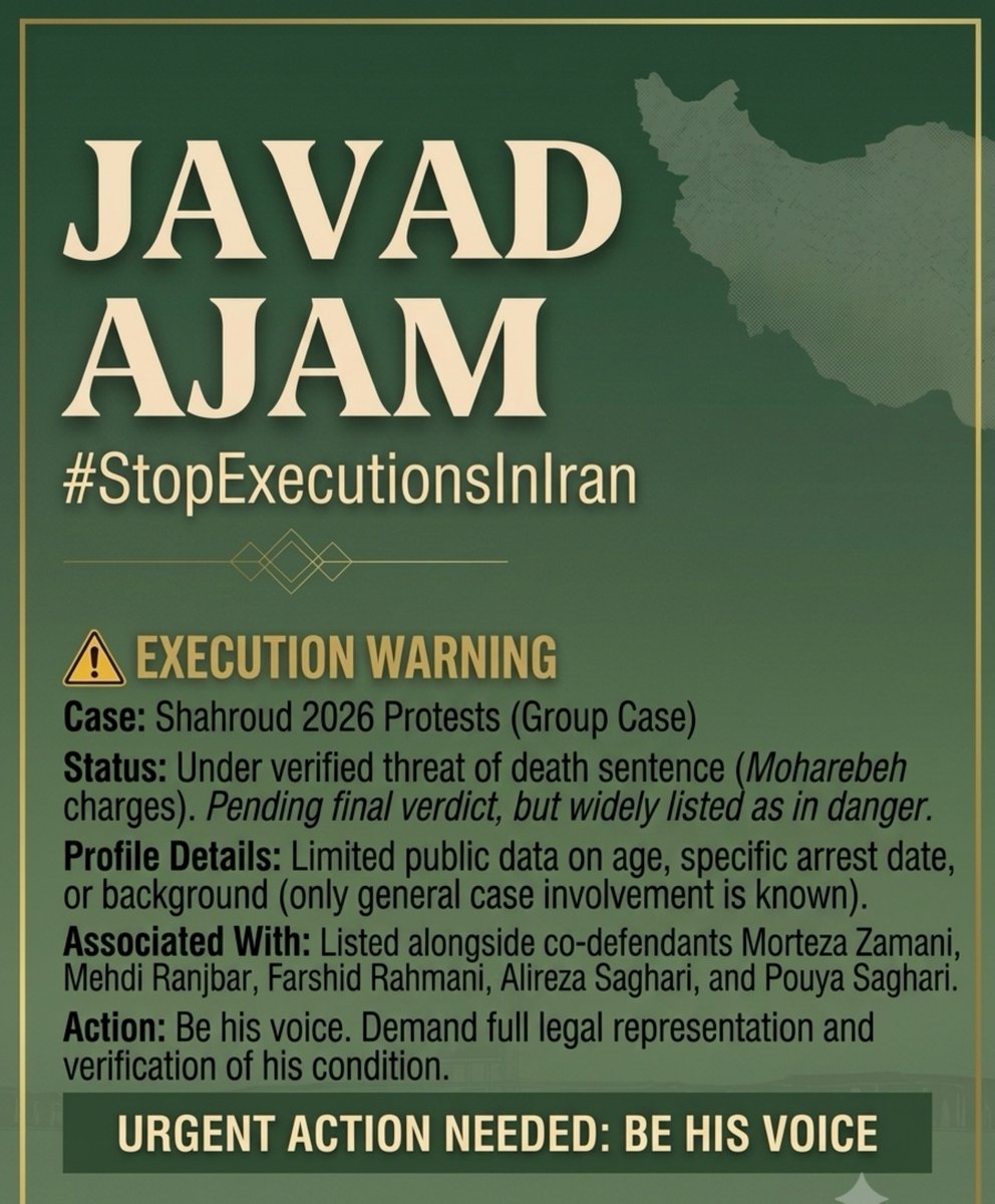 VianaAriayi's tweet photo. 🆘🚨 @UNHumanRights @hrw
#JavadAjam arrested during the Shahroud protests &amp; faces "Moharebeh" charges with threat of execution
No photo available
 his life is in real danger
Save his life
 Don't let him be executed innocently like Arvin Kheirkhah 
#جواد_عجم
 #StopExecutionsInIran https://t.co/QhAo9wEnFP