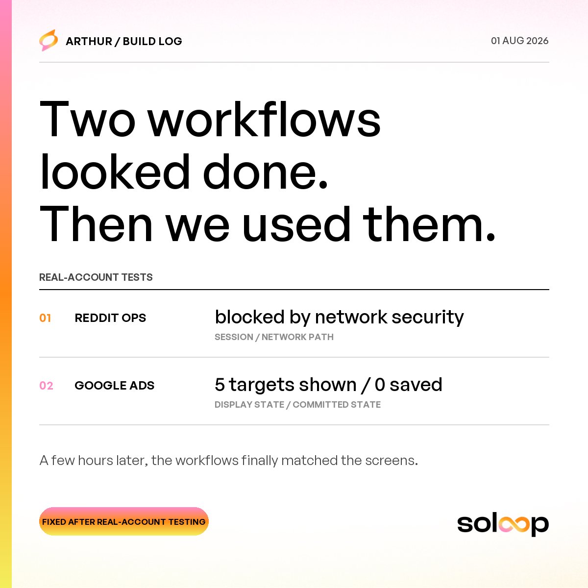 ArthurYu_Soloop's tweet photo. This week I thought two Soloop workflows were done: Reddit ops and Google Ads. Then we ran them on real accounts.

Reddit returned “blocked by network security.” Google showed five target locations but saved zero.

A few hours later, the workflows finally matched the screens. https://t.co/iat1AVo7iJ
