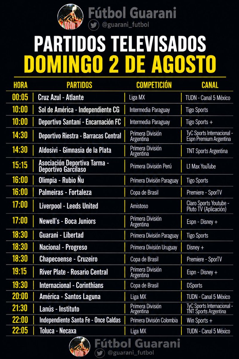guarani_futbol's tweet photo. Partidos televisados domingo 2 de agosto. https://t.co/REcRtoNFHH