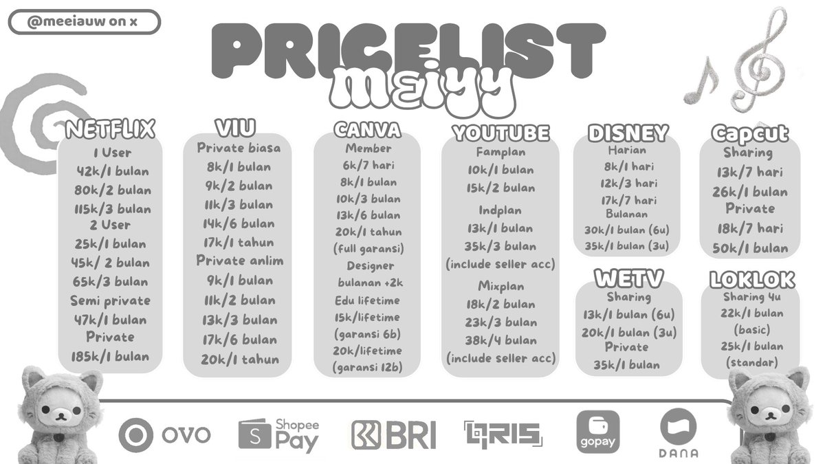 meeiauw's tweet photo. MALAMM SEMUA🙆‍♀️🙆‍♀️ WTS APPREM TRUSTED &amp; FASTRESP🚀  RIDI (NÉTFĻĪX,VĪŪ,ÇAŃVÁ,ĹÓKLÓK,CĀPÇUT,PŘIMÉ,DĪSŃÊY,MÉĪTÙ,WÈȚV,ÝOÙTÙBÈ,BSȚÀȚÌÒÑ) DN MSI BNYK LAGII . . . . 
TESTI ON BIO📍 YUUW JAJAN SMUA DUNIA AKU TUNGGUU ᯓᡣ𐭩
💌 https://t.co/KsecQRhXFN

#zonauang #zonajajan https://t.co/t6ip6X3oOV