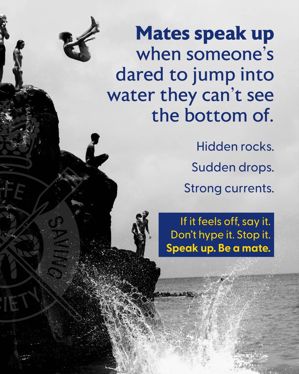 RLSSUK's tweet photo. Being a mate isn’t joining in - it’s stepping in.

If it feels dodgy - say it.
If it’s risky - stop it.
If something’s wrong - speak up.

One moment can change everything.
Be the mate who speaks up. It could save a life.

Find out more: 
https://t.co/U8qHzj6r41 https://t.co/RNnRbU81CE