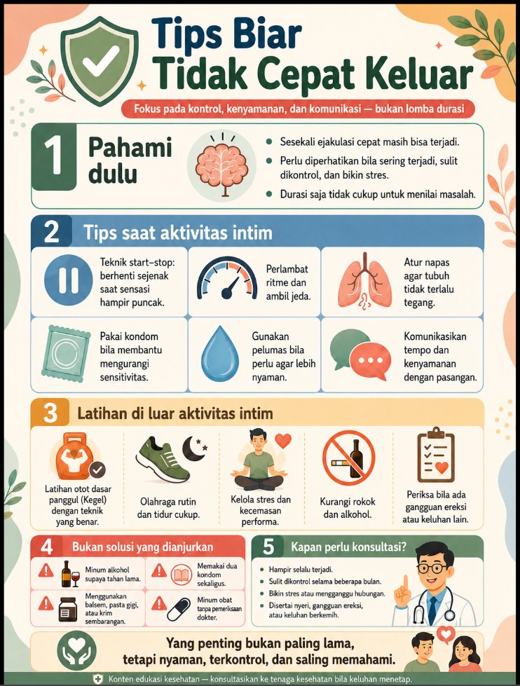 katamandaaa's tweet photo. TIPS BIAR TAHAN LAMA

Cepat keluar sekali-dua kali itu masih wajar kok. yang perlu diperhatikan kalau hampir selalu terjadi, sulit dikontrol, bikin stres, atau mulai mengganggu hubungan.

biar lebih terkontrol, coba teknik start–stop: saat sensasi mulai mendekati puncak, berhenti sebentar sampai gairah menurun, lalu lanjut lagi perlahan. turunkan ritme, atur napas supaya tubuh gak terlalu tegang, pakai kondom bila membantu mengurangi sensitivitas, dan gunakan pelumas agar gesekan lebih nyaman.

di luar aktivitas intim, olahraga rutin, tidur cukup, latihan otot dasar panggul dengan teknik yang benar, serta mengelola kecemasan performa juga bisa membantu.

yang jangan dilakukan: minum alkohol supaya “tahan lama”, memakai dua kondom sekaligus, mengoleskan pasta gigi atau balsem, atau minum obat sembarangan.

ingat yaa, tujuan utamanya bukan jadi yang paling lama, tapi supaya lebih nyaman, terkontrol, dan sama-sama menikmati. kalau keluhannya menetap beberapa bulan atau disertai nyeri, gangguan ereksi, maupun keluhan berkemih, sebaiknya konsultasi ke dokter 🫶🏻