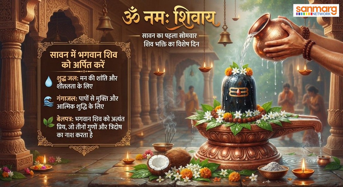 SanmargHindi's tweet photo. सावन के पहले सोमवार पर भगवान शिव को शुद्ध जल, गंगाजल और बेलपत्र अर्पित करें। मान्यता है कि इससे मन को शांति और भोलेनाथ की कृपा प्राप्त होती है। हर हर महादेव!
#SawanSomwar #FirstSawanMonday #HarHarMahadev #SanmargHindi #SanmargHindiDaily https://t.co/Qb0qZ92S5n