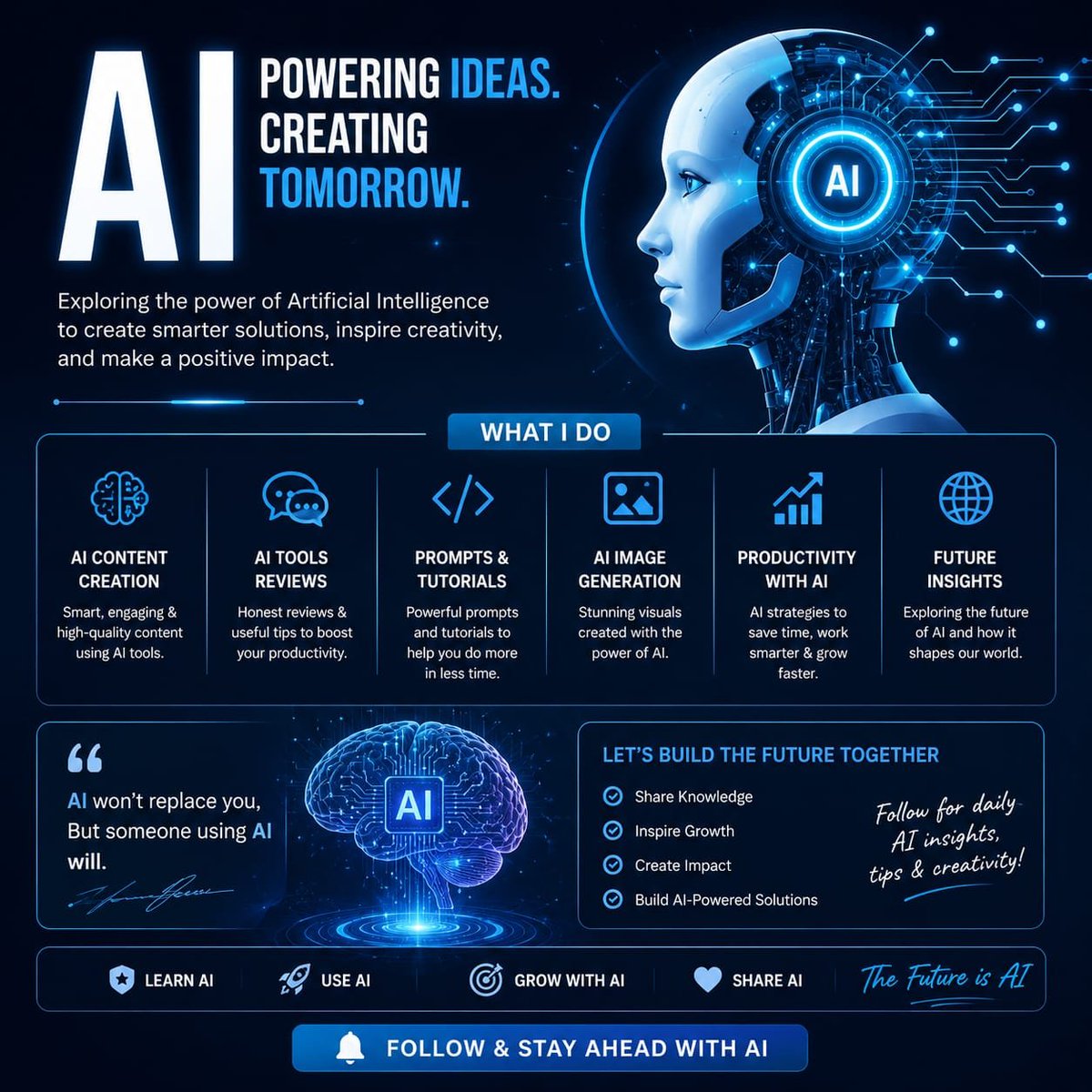Jokersmith7k's tweet photo. future is AI.”
“Learn AI, lead tomorrow.”
“AI is the new power.”
“Think smart. Think AI.”
“Step into the AI era.”
“AI: Work smarter, not harder.”
“Upgrade your mind with AI.”
“AI is changing everything.”
“Create the future with AI.”
“Start learning AI today.” https://t.co/lfzQYcFW3B