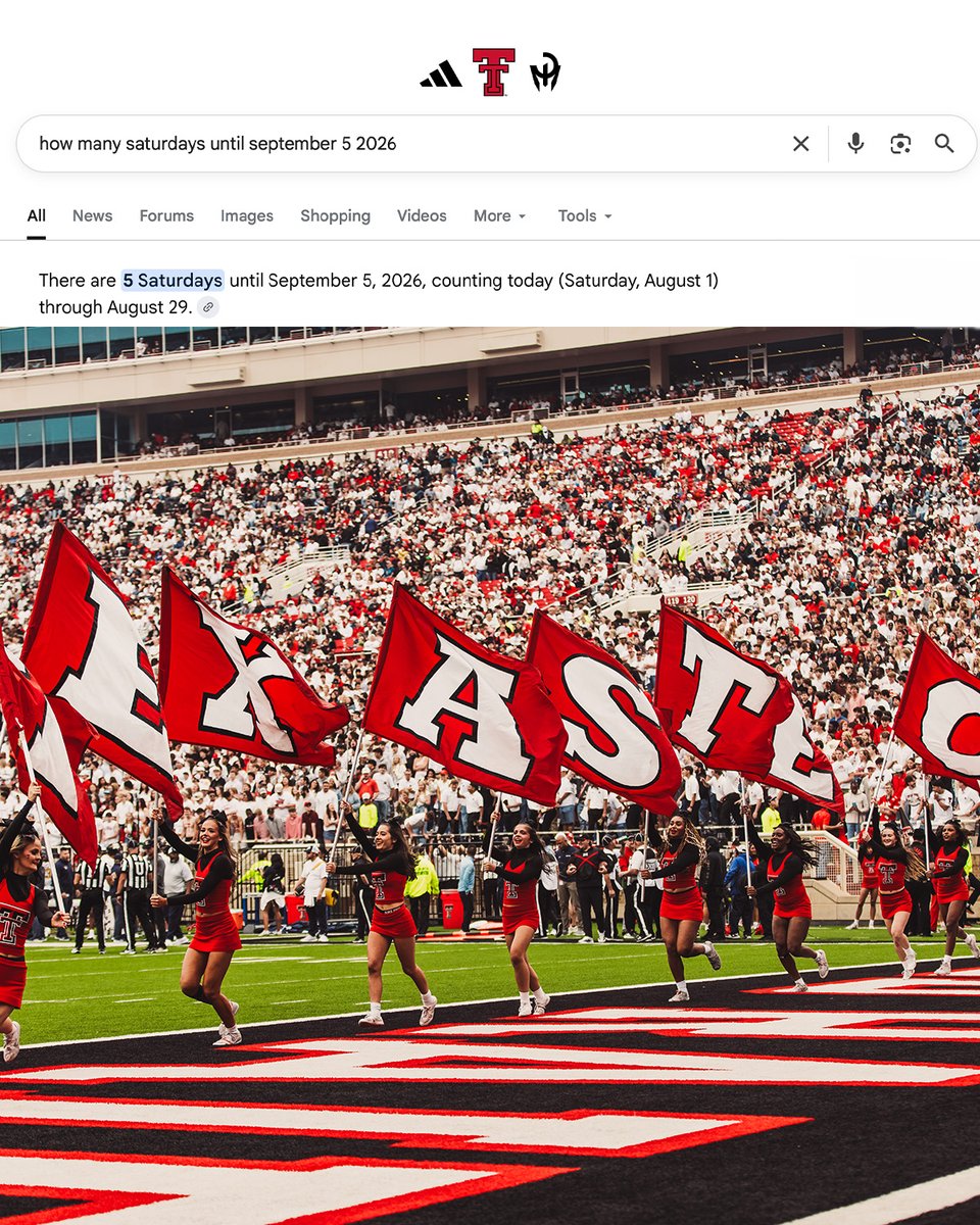 TexasTechFB's tweet photo. One. Saturday. Closer. https://t.co/4qB1JMCODC
