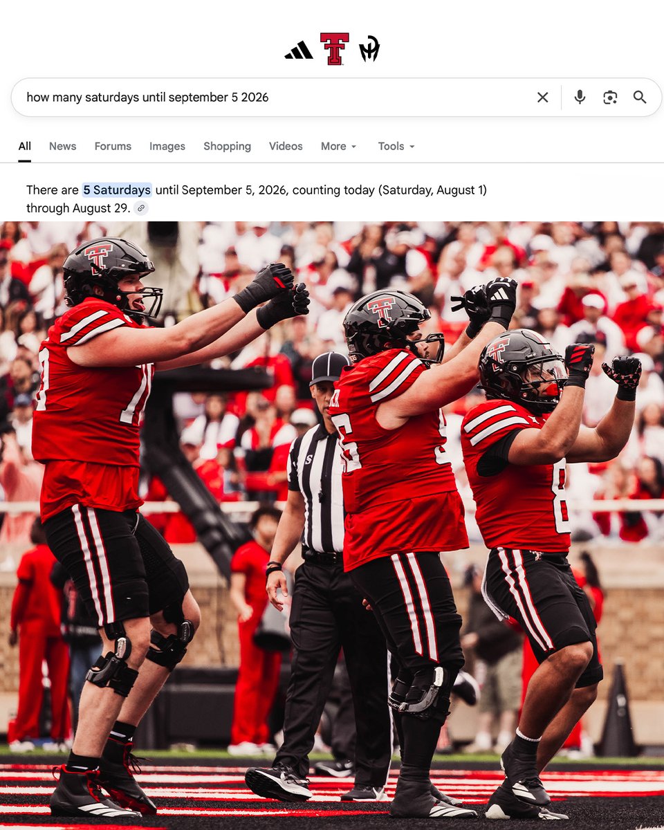 TexasTechFB's tweet photo. One. Saturday. Closer. https://t.co/4qB1JMCODC