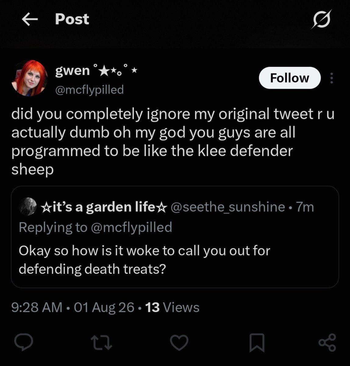 seethe_sunshine's tweet photo. I'm confused. It doesn't excuse death treats. No one deserves that. I thought that was common sense. https://t.co/dli3Fe0jsn