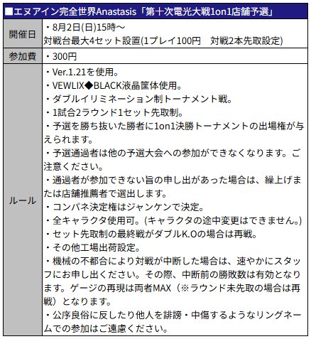 ko_hatsu's tweet photo. 開店12時
8月2日(日)イベント予定

12時～20時
戦国BASARA Xフリープレイ対戦会

15時～
エヌアイン完全世界A「第十次電光大戦1on1店舗予選」

17時～
第23回ブラッディロア3大会

18時～
第9回ヴァンガードプリンセスR大会

19時～
アバターレジェンズ格芸日曜定額対戦会

大阪 南森町 コーハツ https://t.co/DX0j4cHAef