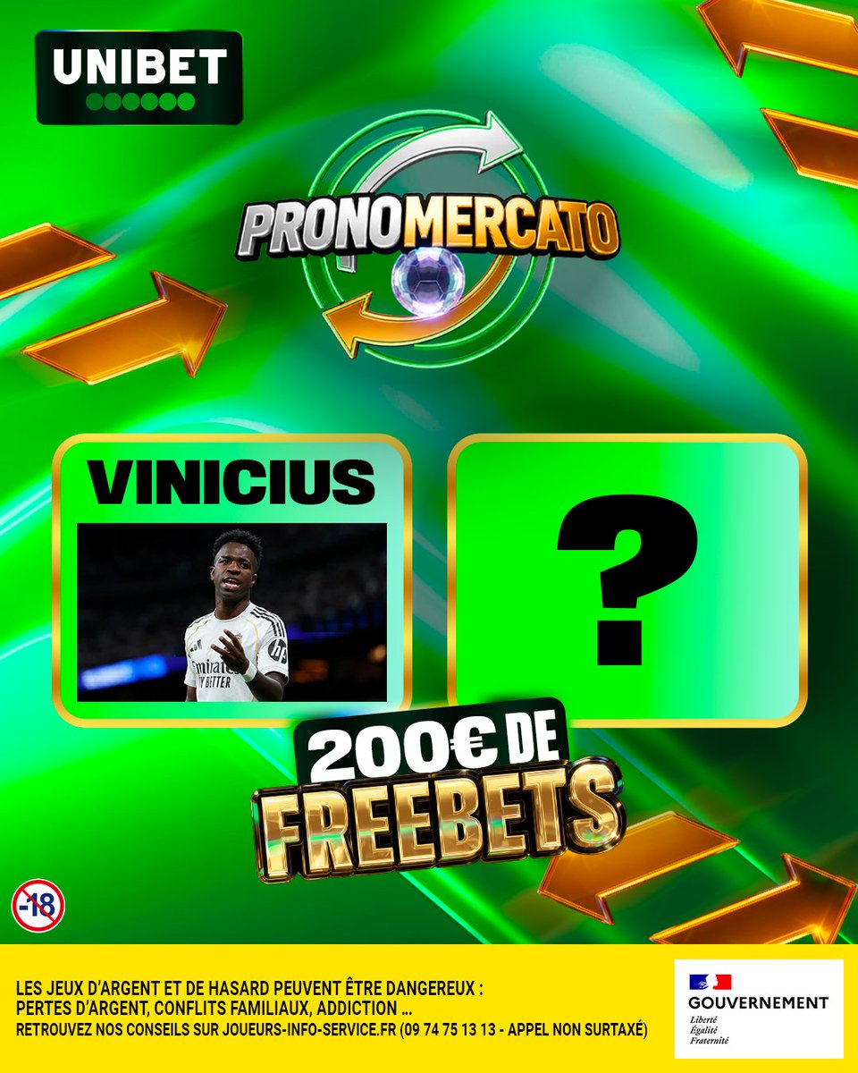 UnibetFrance's tweet photo. 🕺Arsenal ou une nouvelle pige au Real ? On lâche 10 x 20€ de Freebets si tu trouves où jouera Vini la saison prochaine !  

 🫵RT/Follow + #PronoMercato + ta réponse 
⏳ Fin du jeu mardi à 12h. https://t.co/wNljLSMAZm