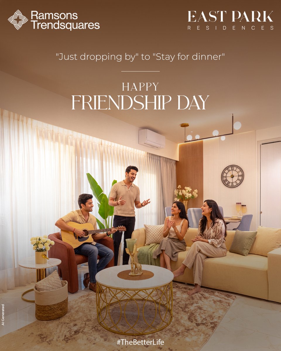 RTBangalore's tweet photo. The best friendships always find a place to call home.

From visits to dinners that stretch into endless conversations, the happiest memories are made in spaces that bring people together.

#RamsonsTrendsquares #EastParkResidences #FriendshipDay #BetterLife #BangaloreRealEstate https://t.co/2er7R9LKUb